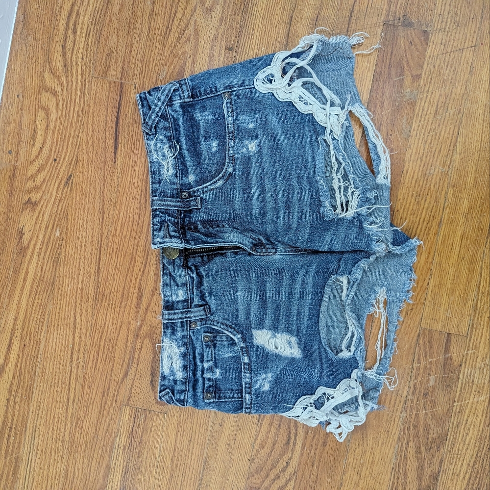 Free People Distressed Lace Denim Shorts